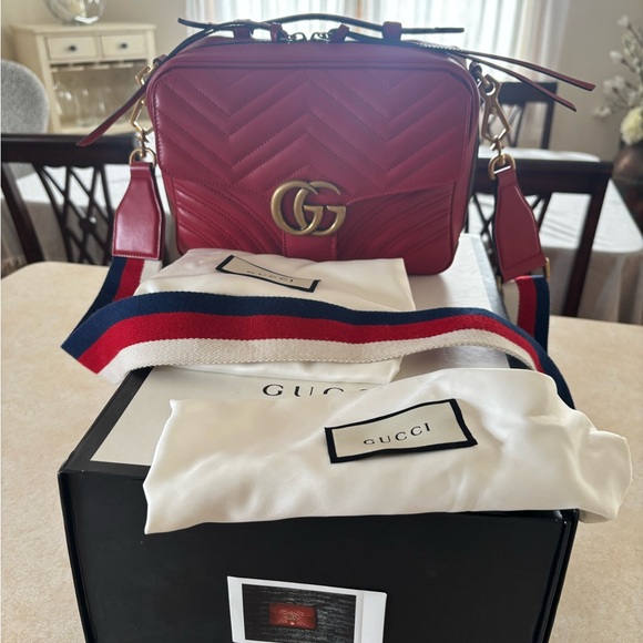 Gucci Handbags - Gucci Red Leather Marmont Crossbody Bag W Top Handle
